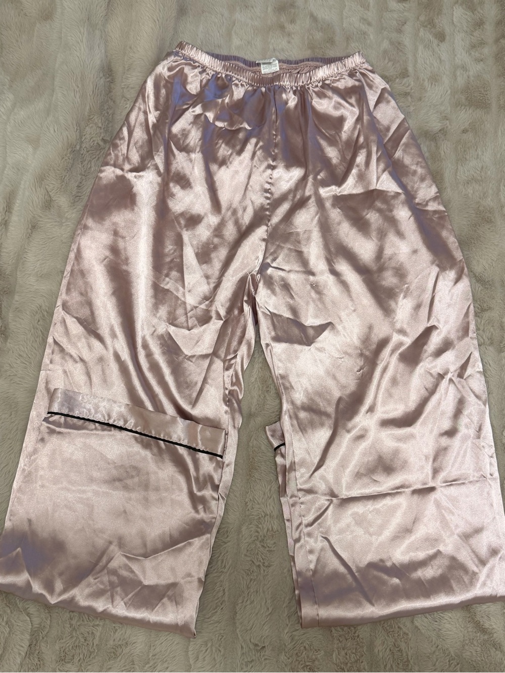 Never Worn SHEIN Satin Wide-Leg Lounge Pants in Light Pink with Black Trim